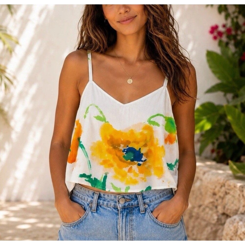 Jams World Flirt Cami Floral Hawaiian Adjustable Strap Crop Tank Top Small